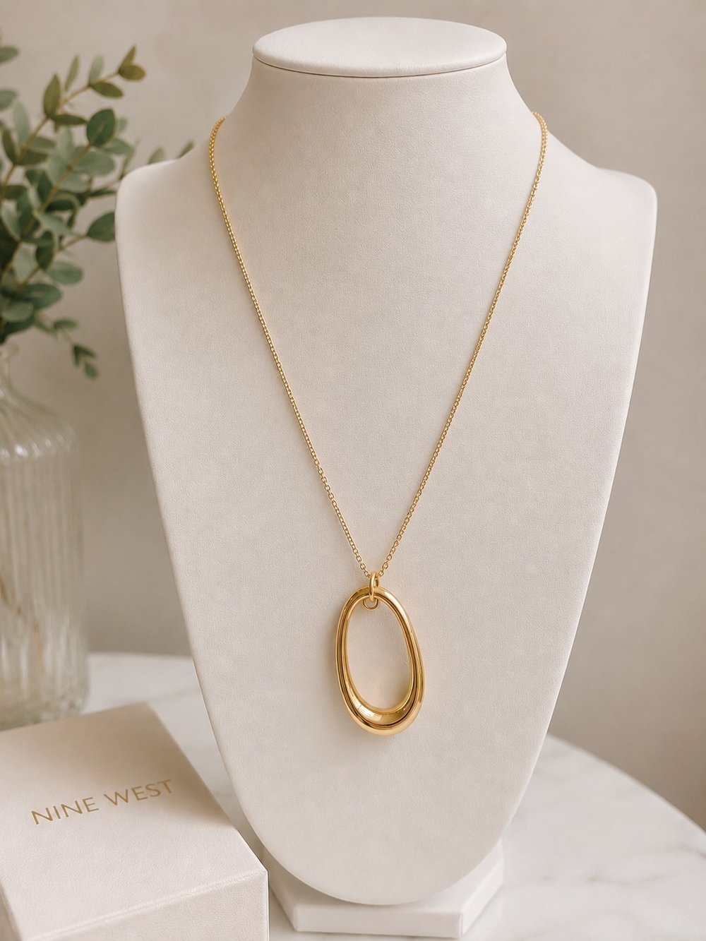 Nine West Gold Tone Open Teardrop Pendant Necklace Adjustable Chain NWOT